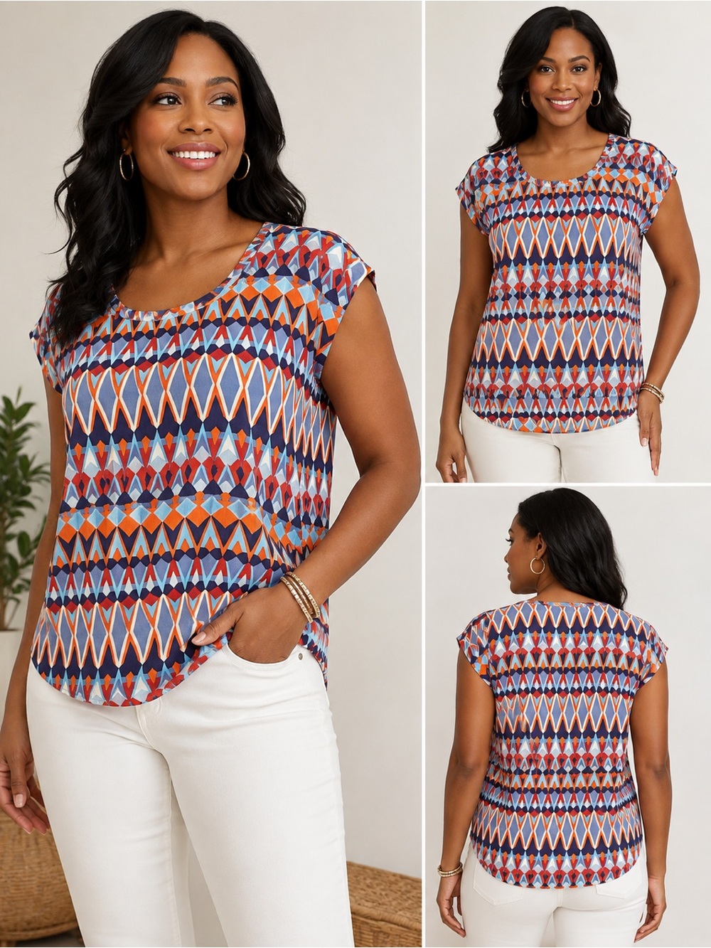 J. Crew Geometric Print Cap Sleeve Blouse Size 12 NWT Blue Orange Retro Top